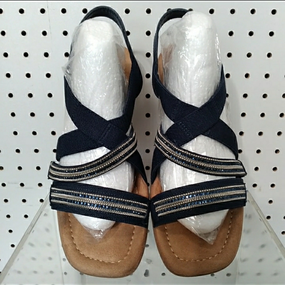 Impo Women's Navy Sandals Stretch Straps Comfort Flat Wedge Heel Slingback
